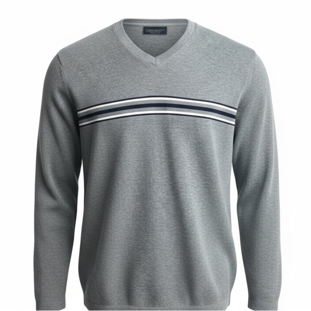 Cherokee Men’s Gray V-Neck Sweater XL 100% Cotton Stripe Pullover Classic Casual